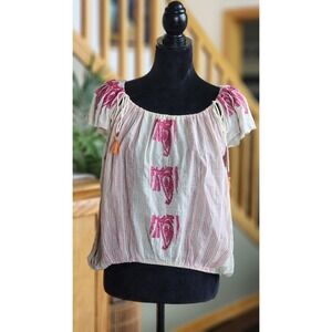 NWT free People Blouse Shirt Women's Size Medium Pink Embroidery Oatmeal Color
